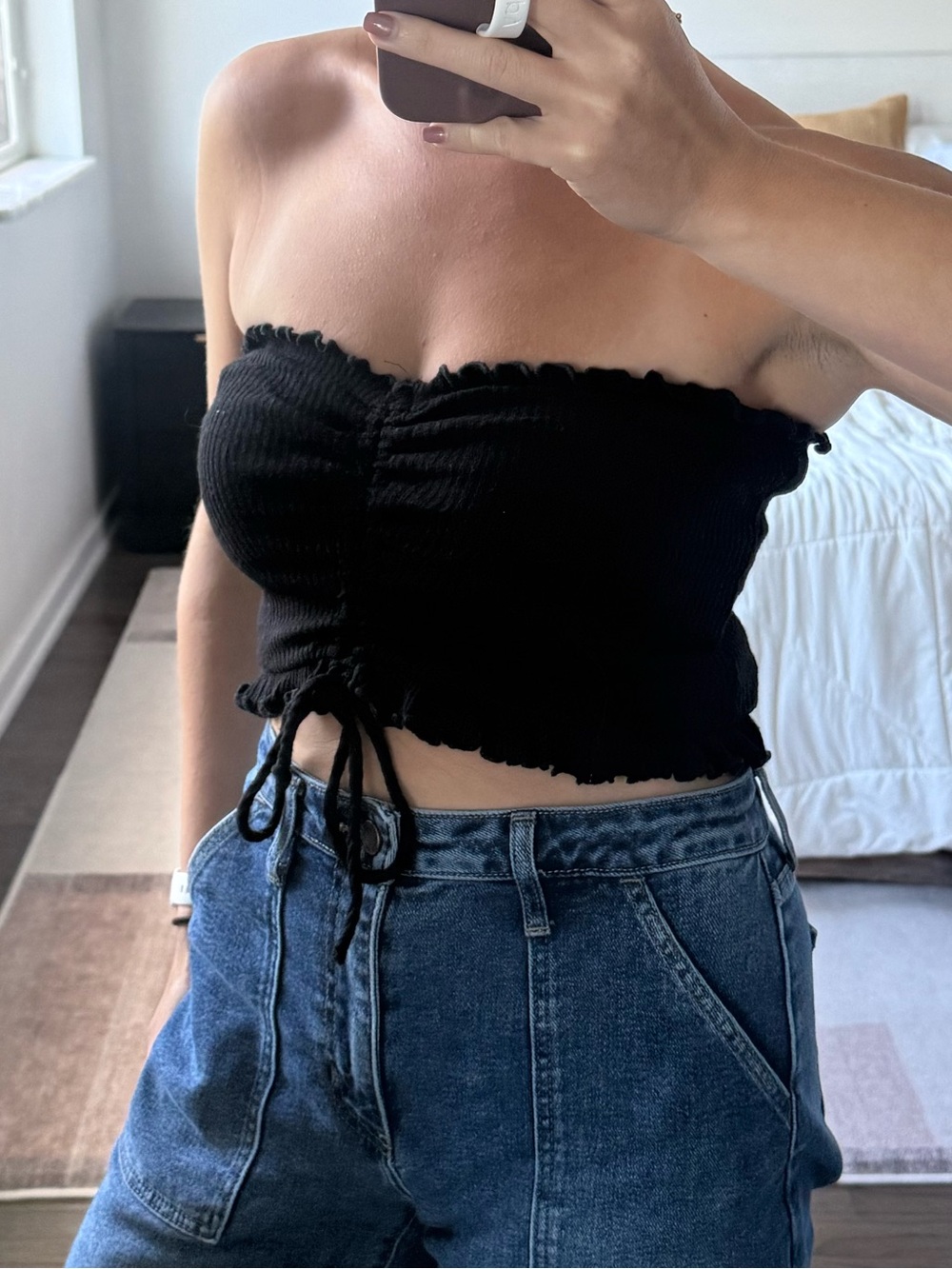 Better Be Black Ribbed Strapless Crop Top with Tie - Women